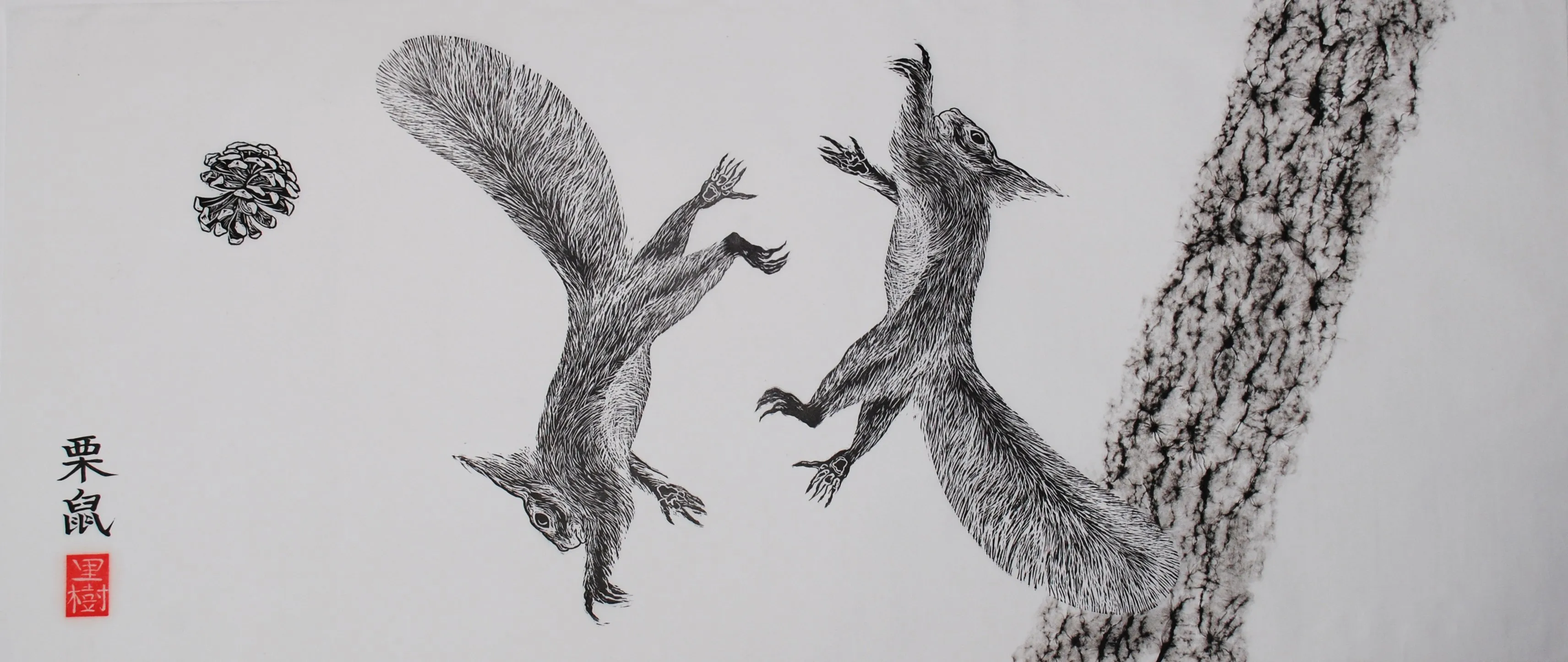 verdenius lies yin yang squirrels 2 rubbing lino 2018 55x90