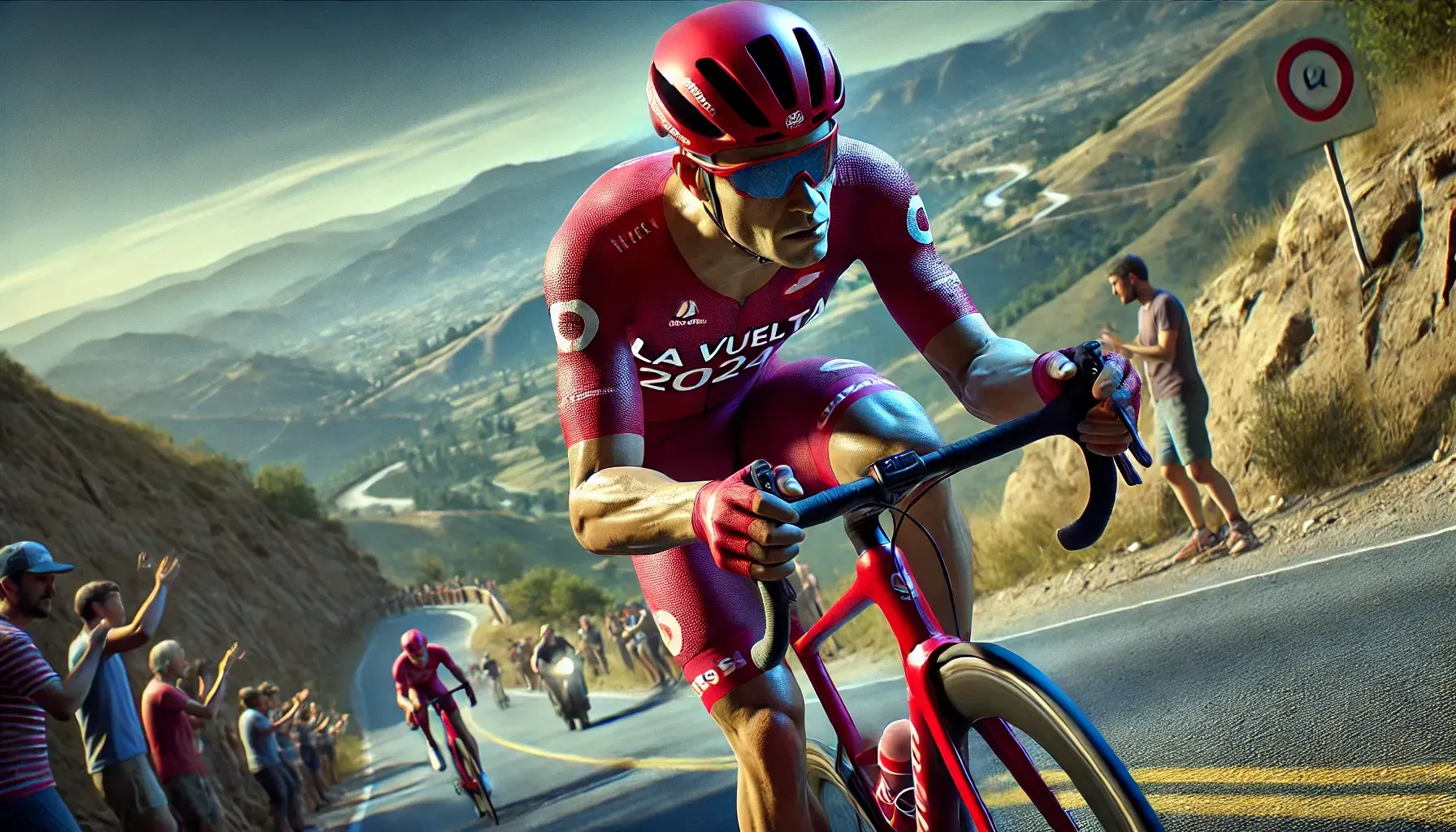 dalle 2024 07 27 141007 a realistic cyclist during la vuelta 2024 captured in mid action on a mountainous road wearing a red cycling outfit with a helmet and sunglasses th