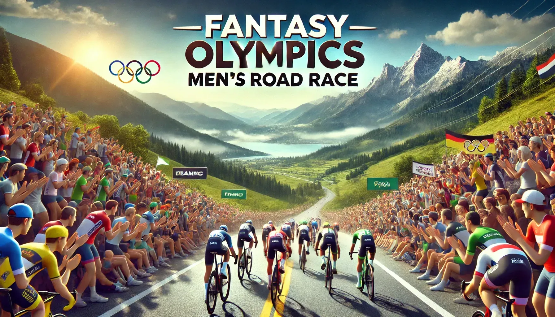 dalle 2024 08 01 114129 a realistic photo of the olympics cycling mens road race the scene shows cyclists racing on a winding road through a picturesque landscape with chee