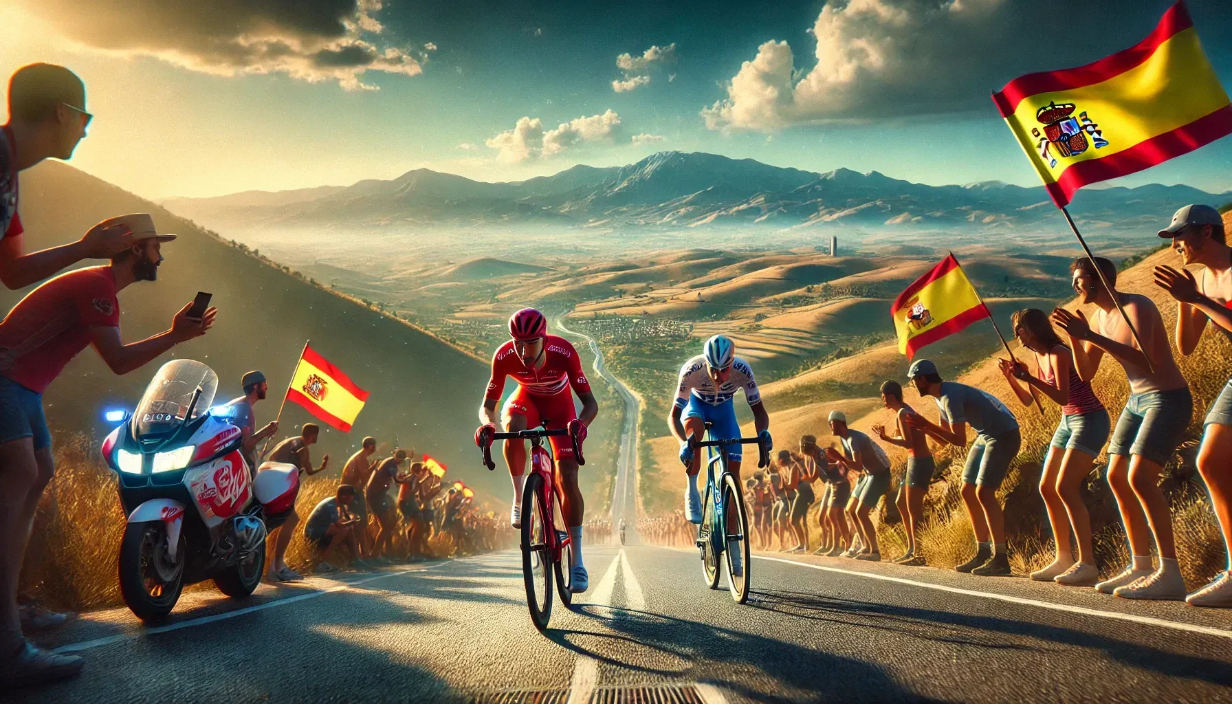 dalle 2024 08 13 091819 a realistic and detailed scene of the vuelta a espana cycling race on a sunny day with clear blue skies the image should feature two cyclists in acti