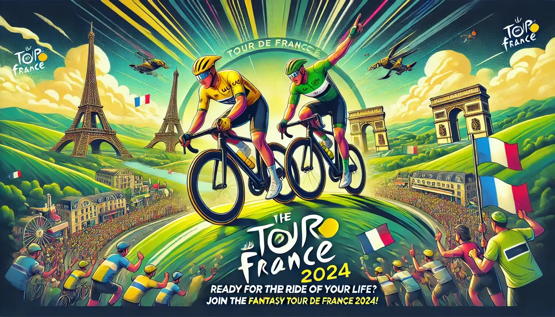 dalle 2024 06 28 150347 a vibrant and dynamic banner for the tour de france 2024 featuring two cyclists in action one cyclist is wearing a yellow jersey symbolizing the rac