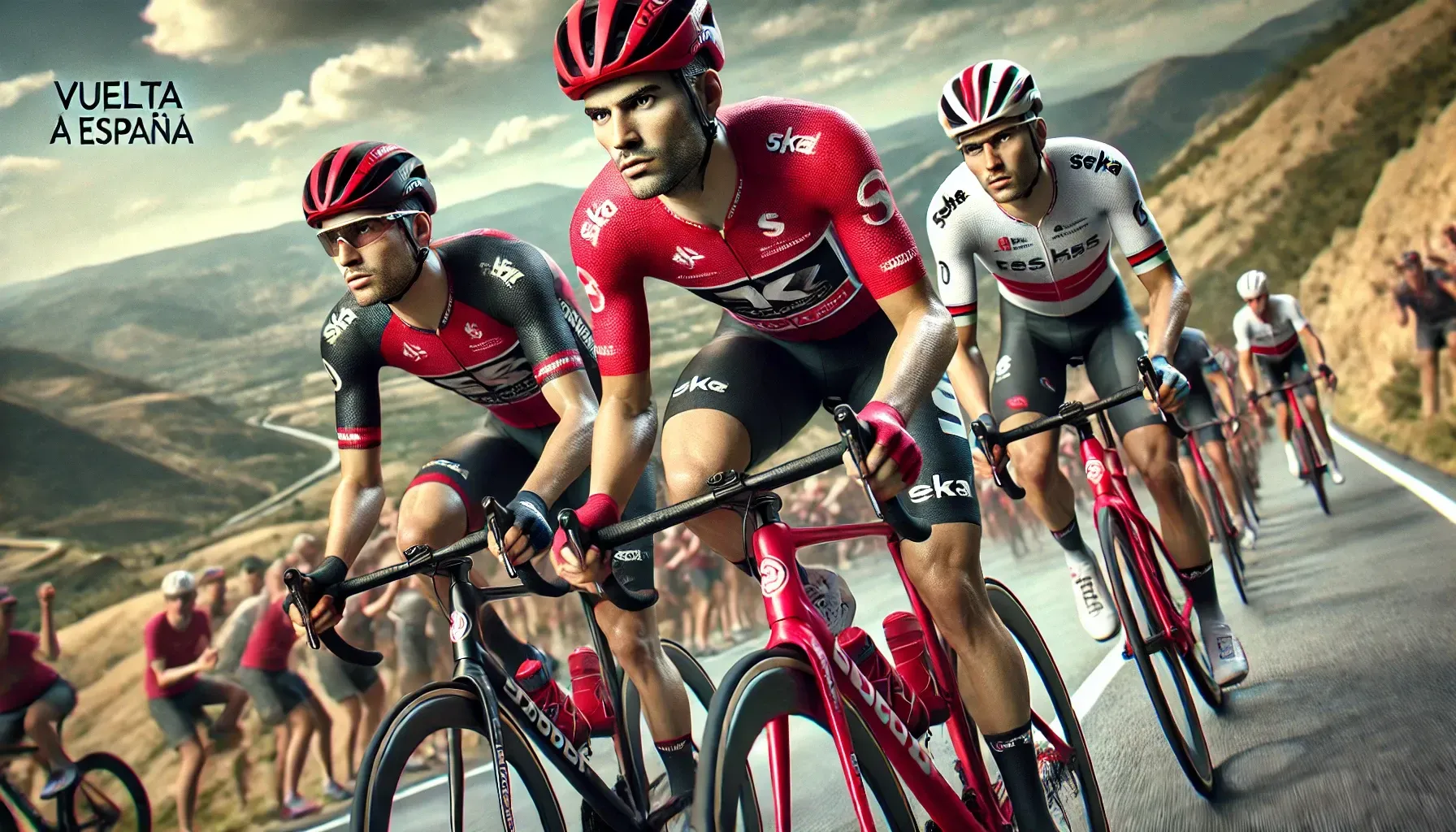 dalle 2024 08 14 112059 a realistic high quality image of three professional cyclists racing in the vuelta a espana one cyclist is wearing the original red leaders jersey