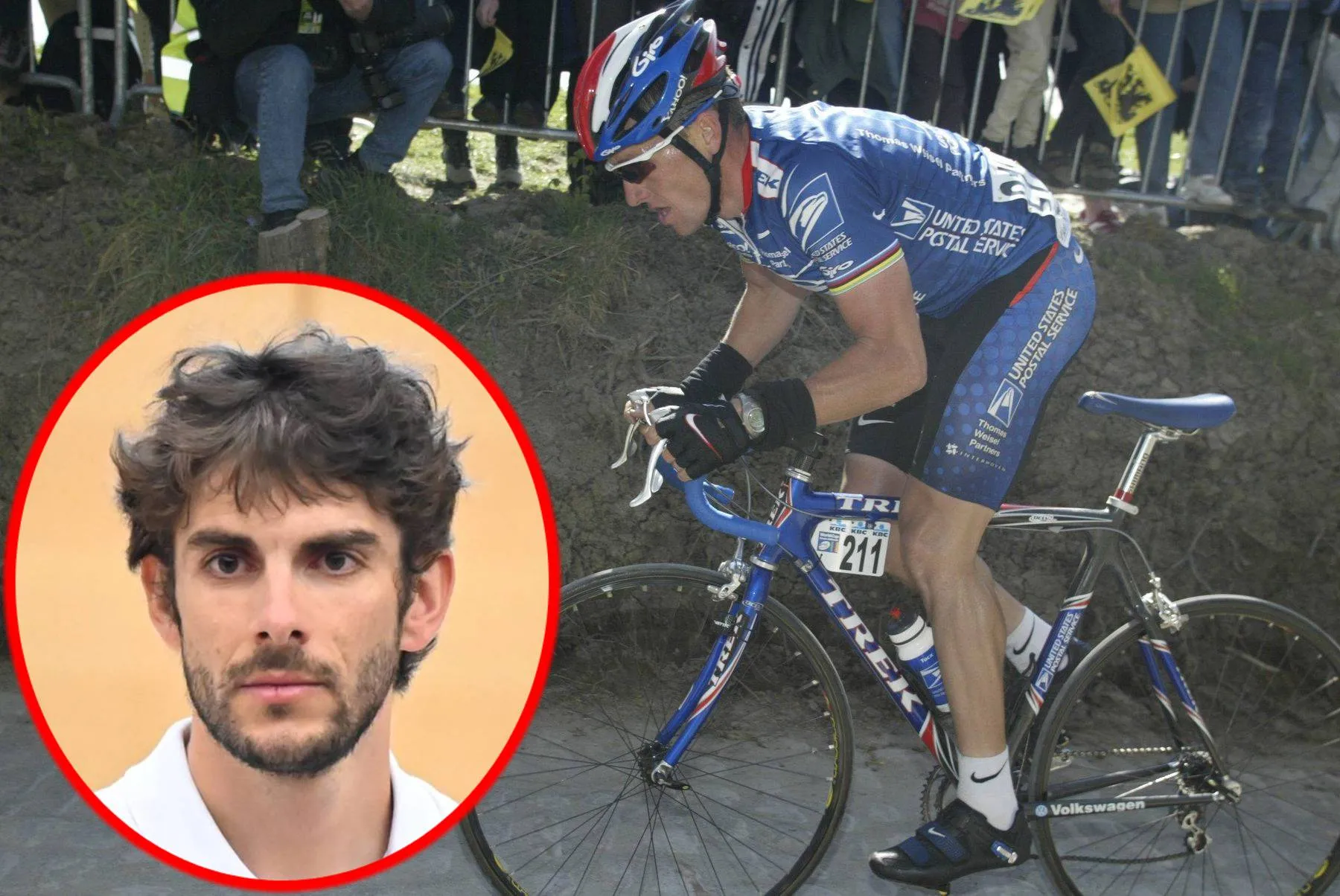 Lance Armstrong racing during the 1990's, and Guillaume Martin of Groupama - FDJ