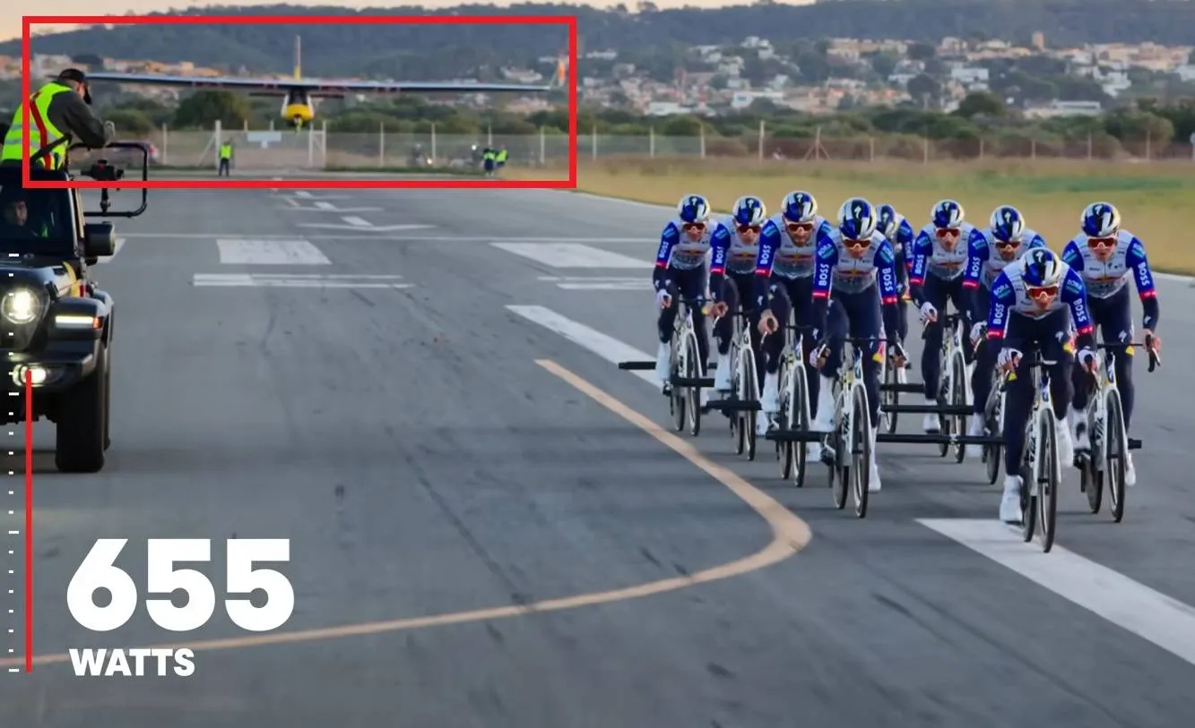 Red Bull - BORA - hansgrohe cyclists pulling a Red Bull airplane into the air