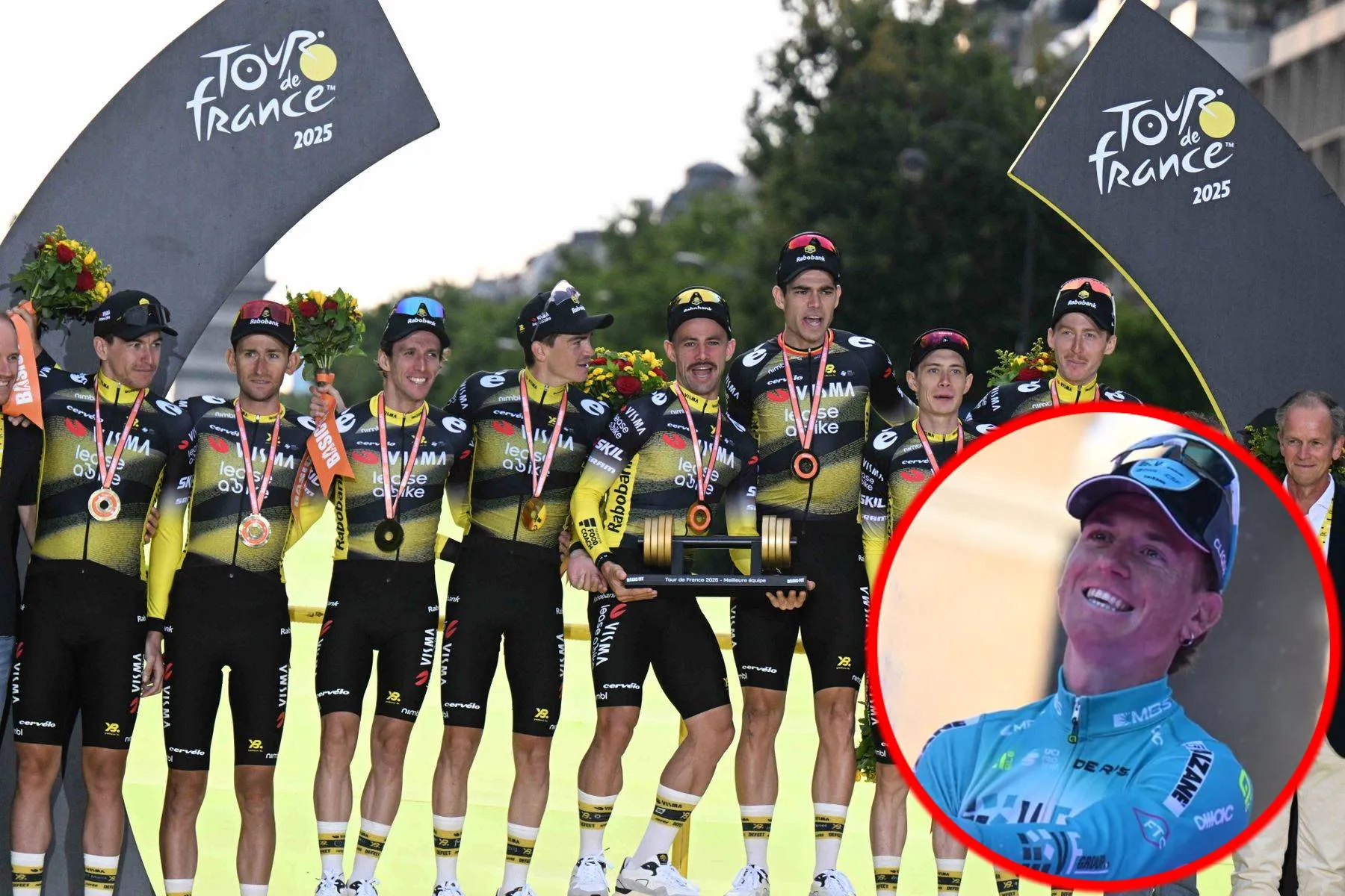 Team Visma | Lease a Bike on the 2025 Tour de France podium and Filippo Fiorelli of Bardiani