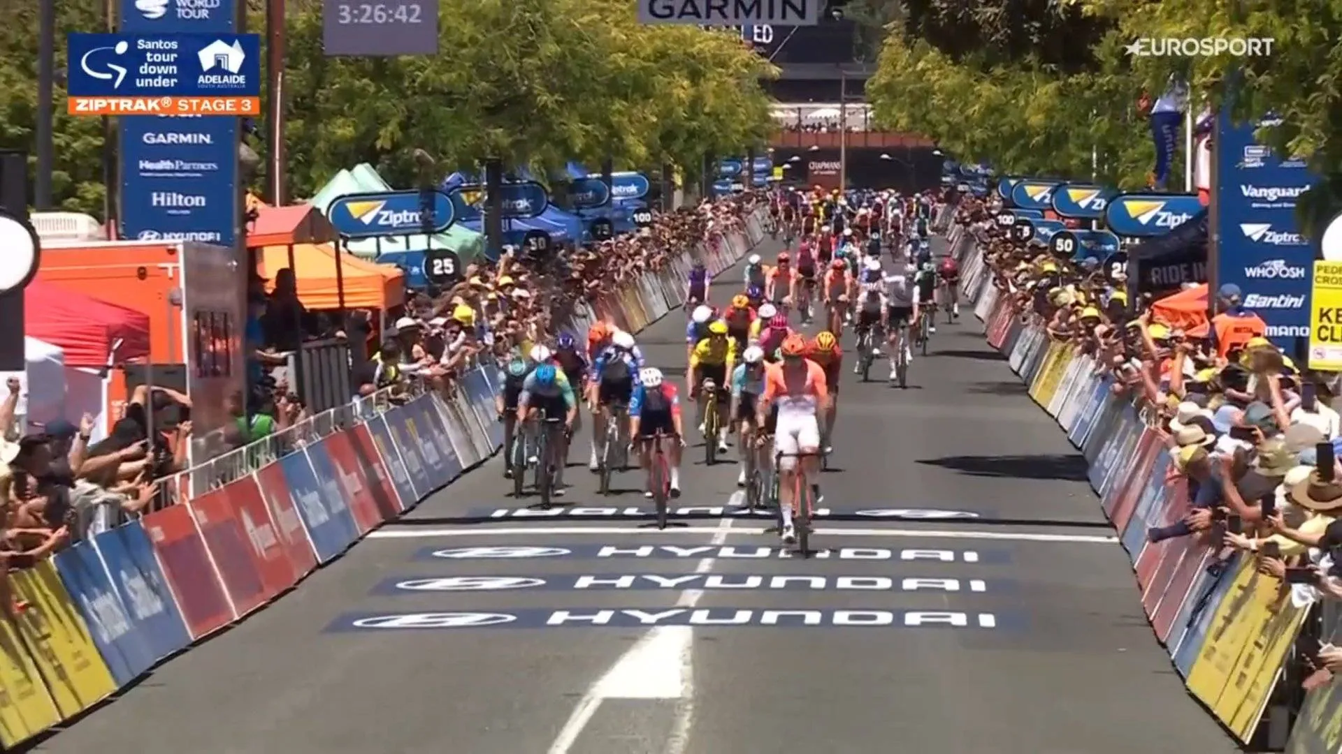 Sam Welsford celebrates his victory on stage 3 of the 2026 Tour Down Under