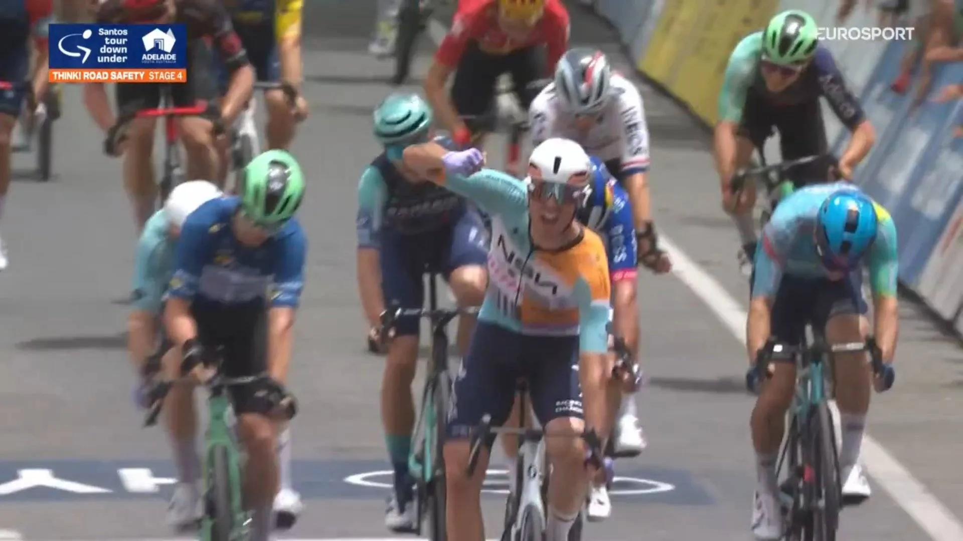 Ethan Vernon celebrating his win on stage 4 of the 2026 Tour Down Under