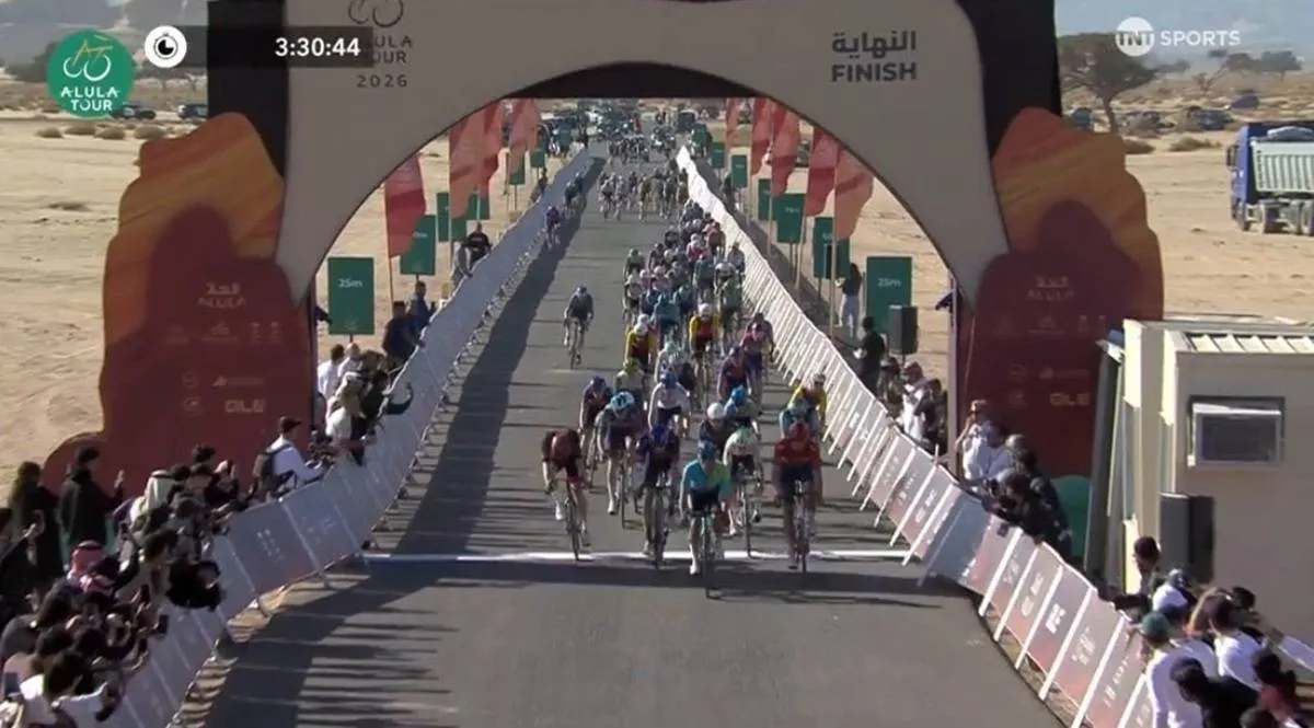 Matteo Malucelli sprinting to victory on stage 4 of the 2026 AlUla Tour