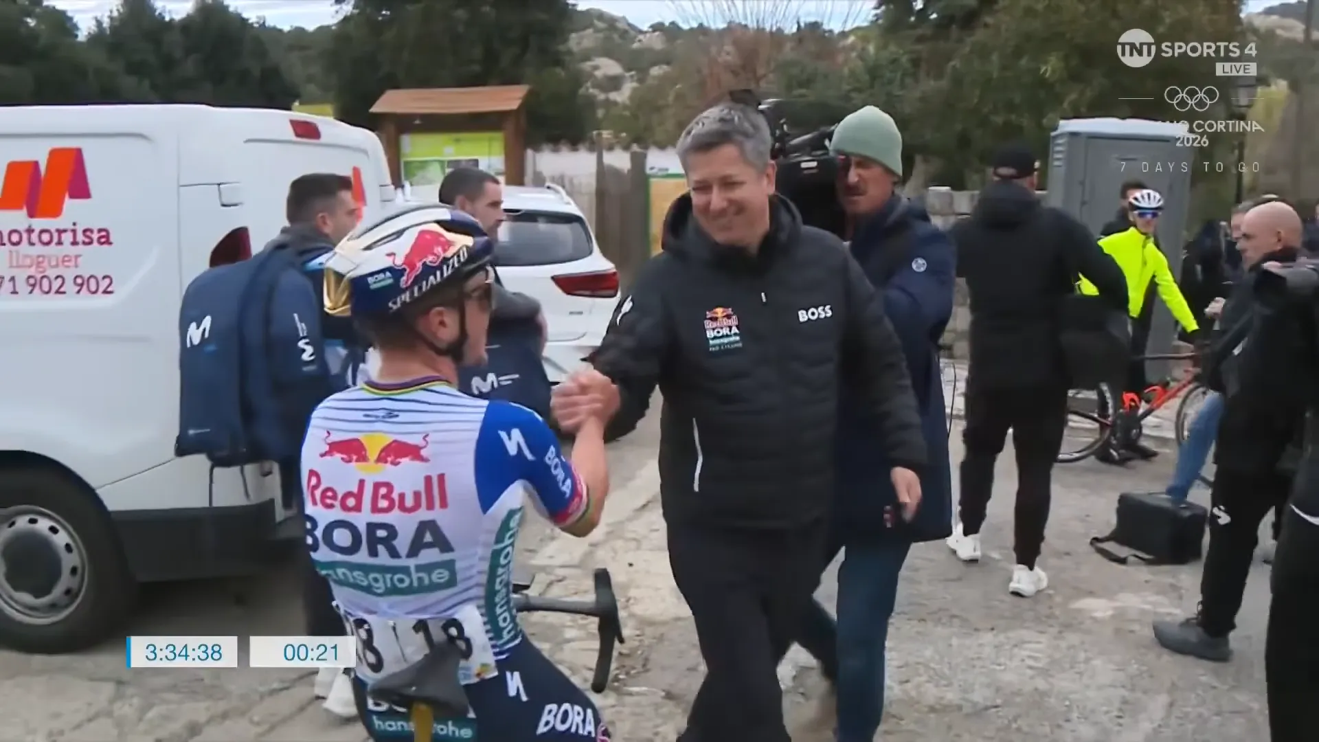 Remco Evenepoel embraces Red Bull - BORA - hansgrohe staff after his win at Trofeo Serra de Tramuntana 2026