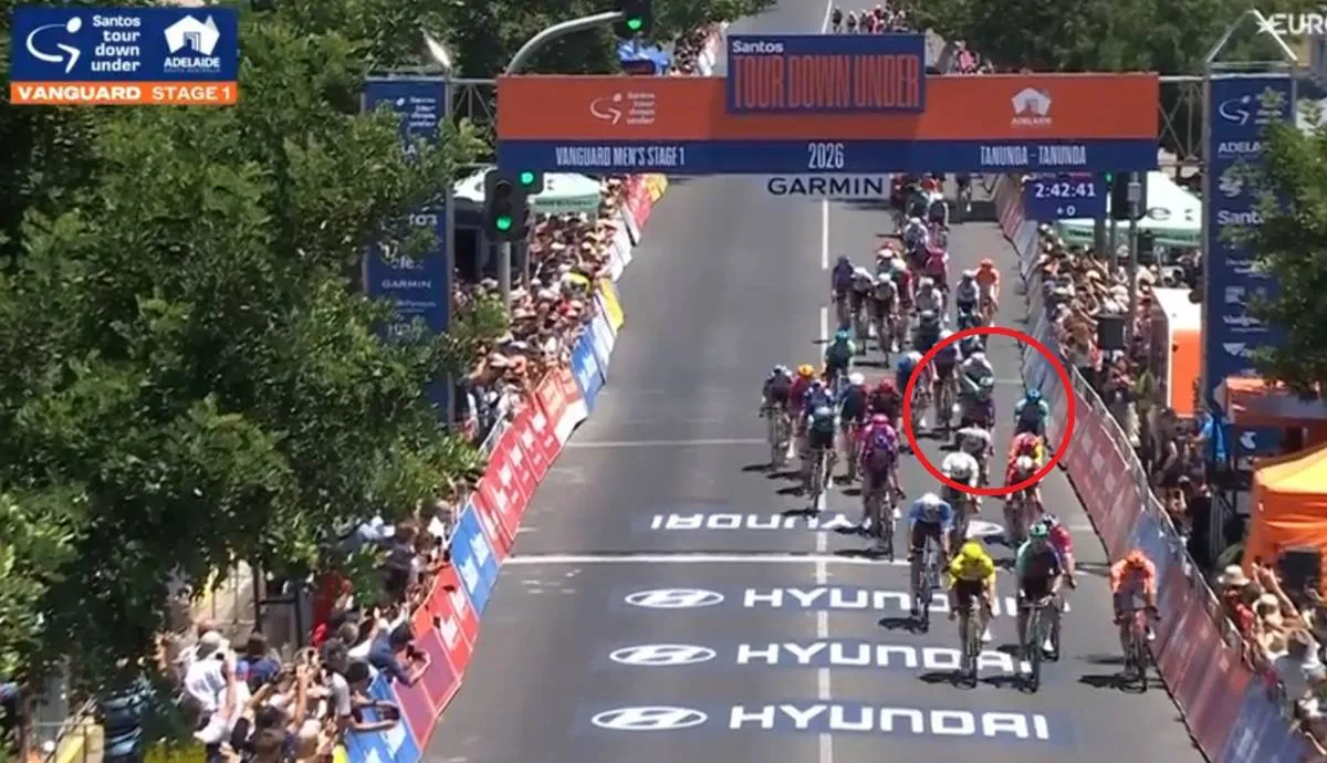 Tord Gudmestad of Decathlon gets a yellow card for celebrating victory of Tobias Lund Andresen at 2026 Tour Down Under