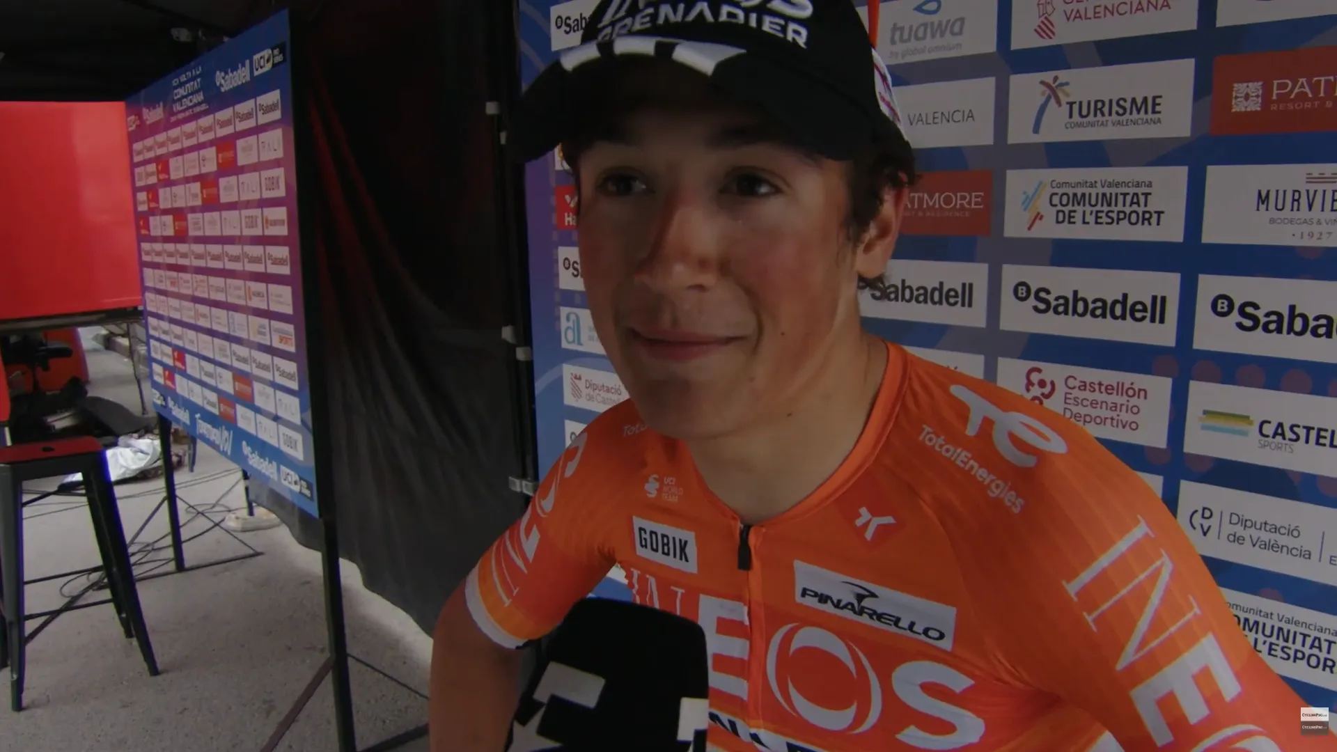 Andrew August speaks to the media after his first pro win on stage 3 of the 2026 Volta a Comunitat Valenciana