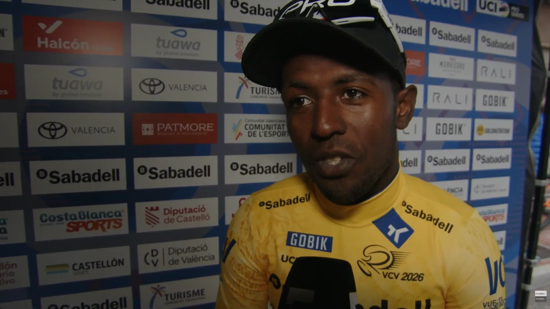 Biniam Girmay speaks to the media after stage 3 of the 2026 Volta a Comunitat Valenciana