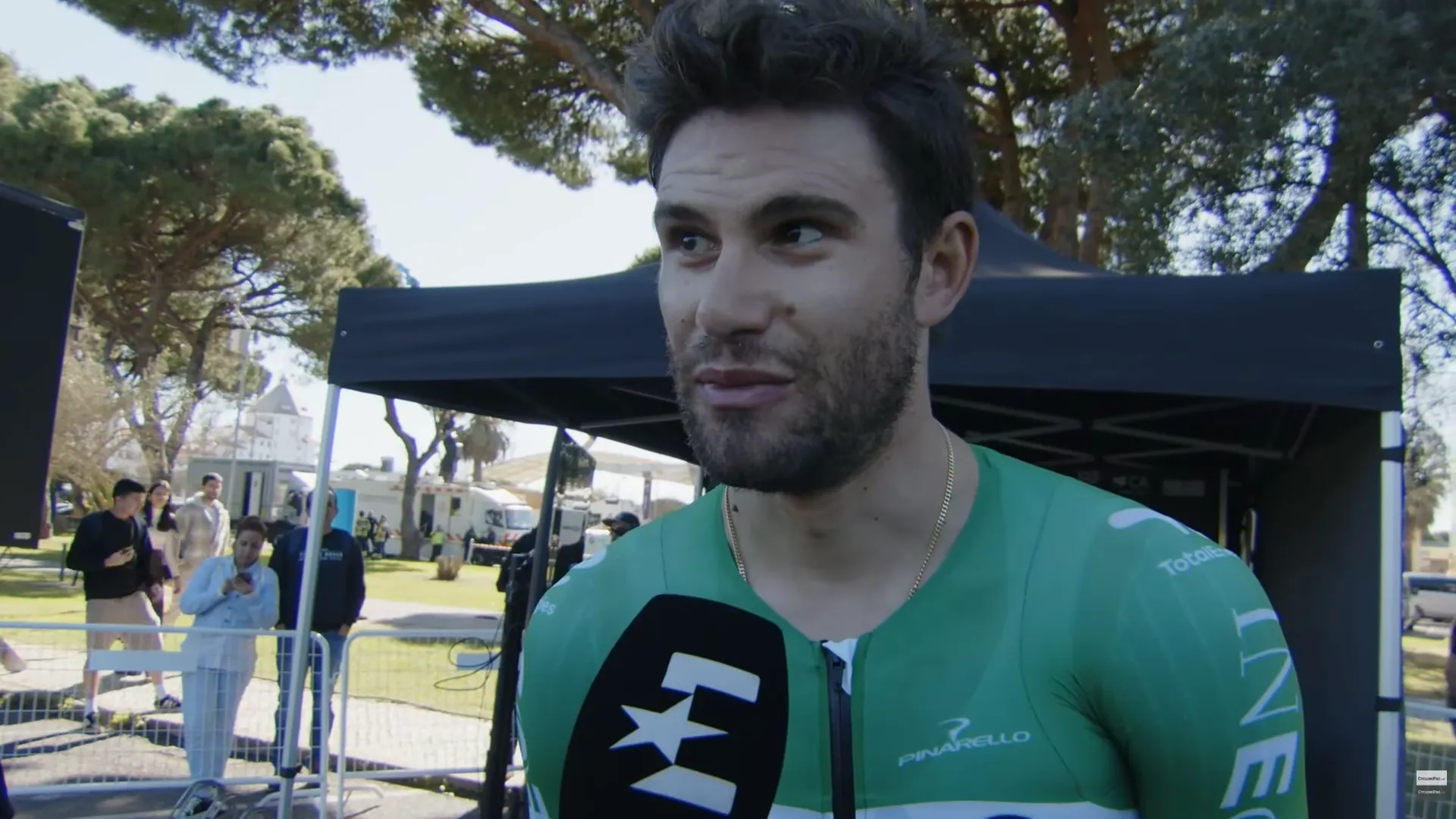 Filippo Ganna speaks to the media after winning stage 3 of the 2026 Volta ao Algarve