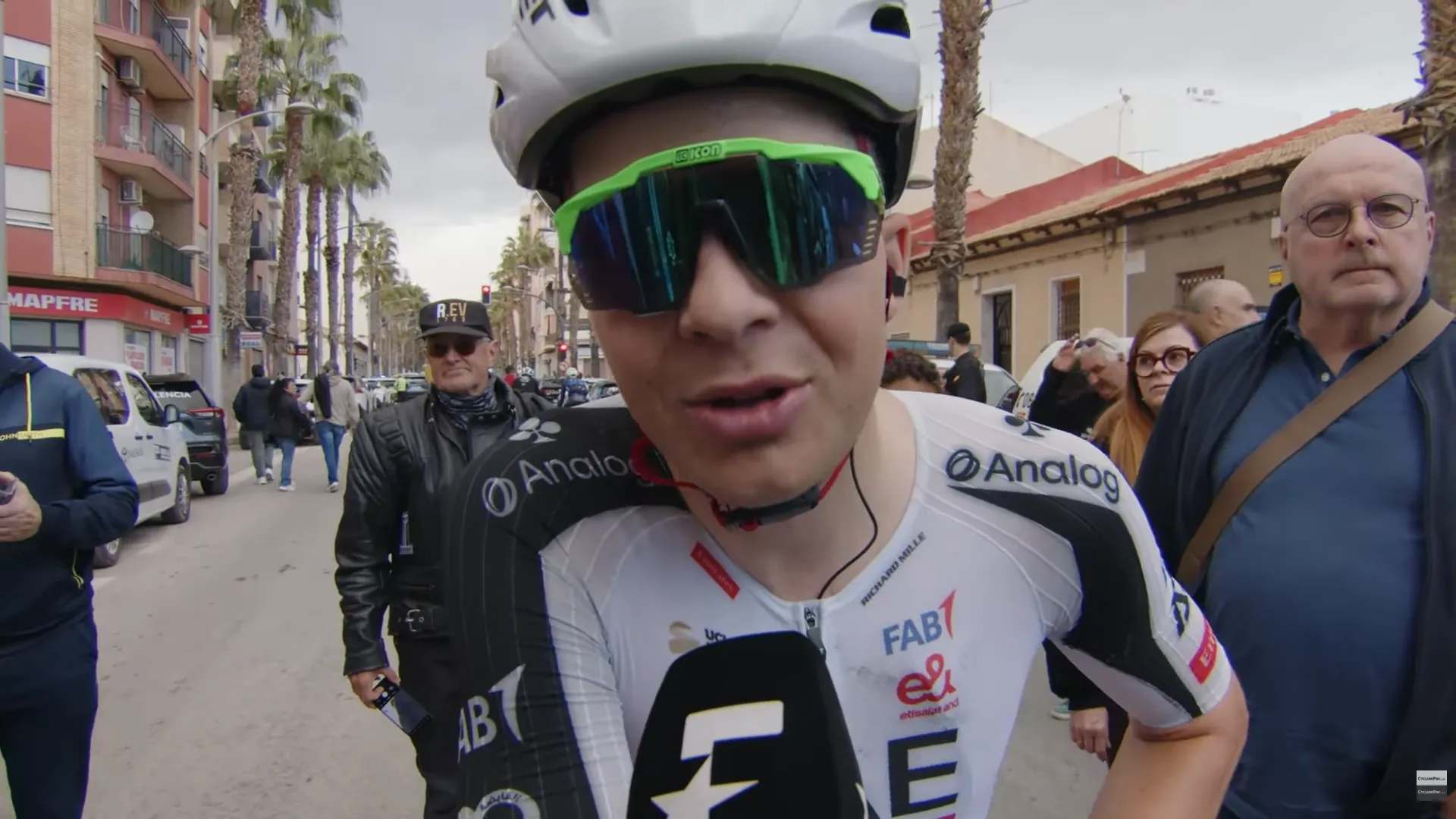 Florian Vermeersch speaks to the media after stage 3 of the 2026 Volta a Comunitat Valenciana