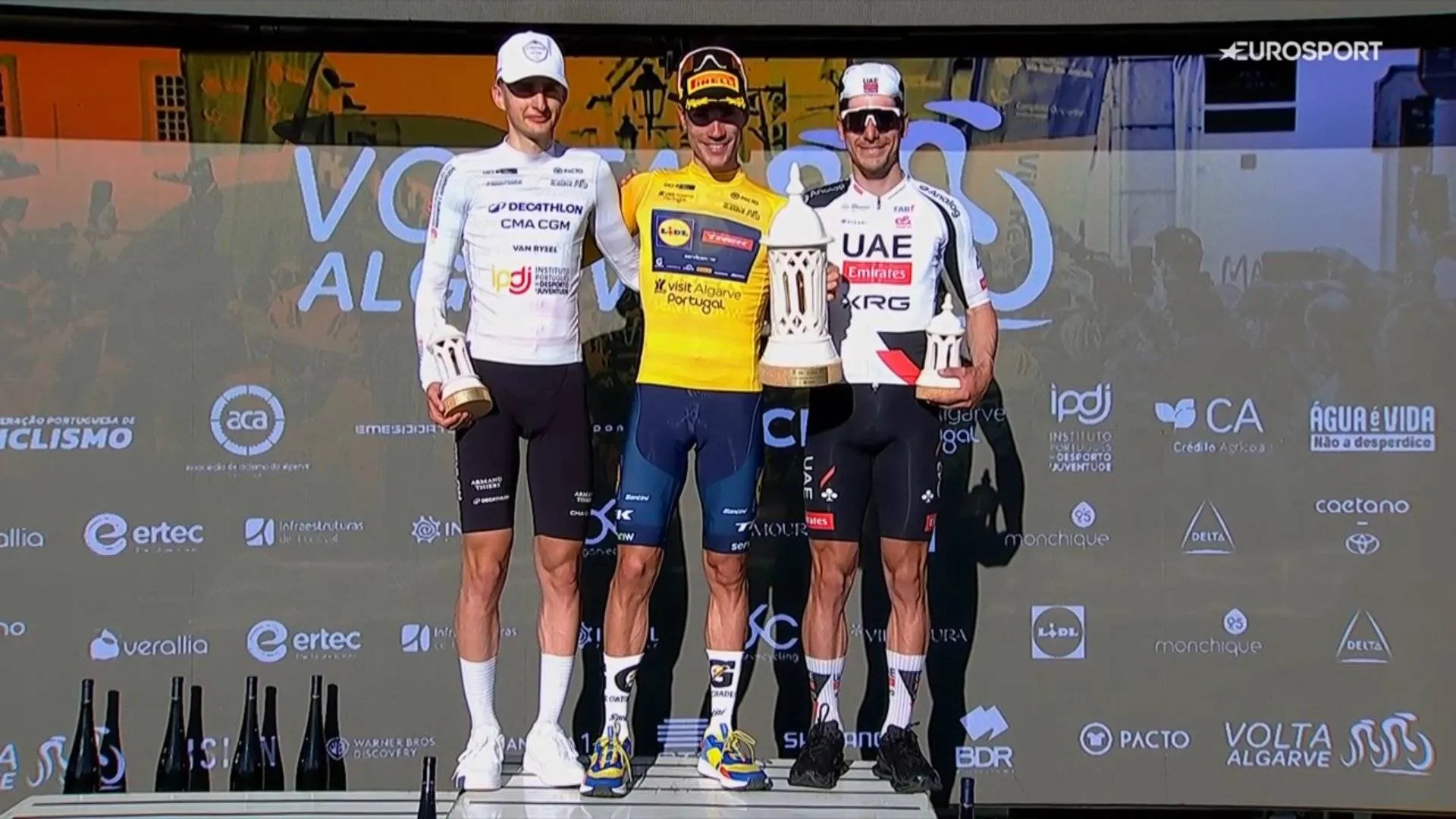 Paul Seixas, Juan Ayuso and João Almeida on the podium of the 2026 Volta ao Algarve