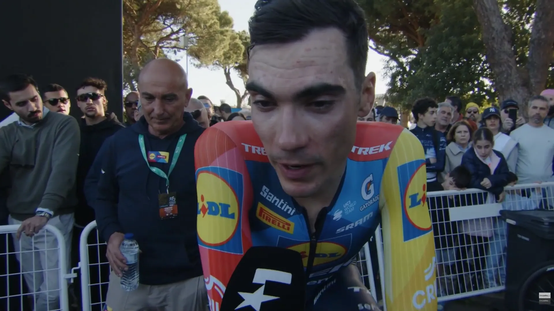 Juan Ayuso speaks to the media after his 2nd place on stage 3 of the 2026 Volta ao Algarve