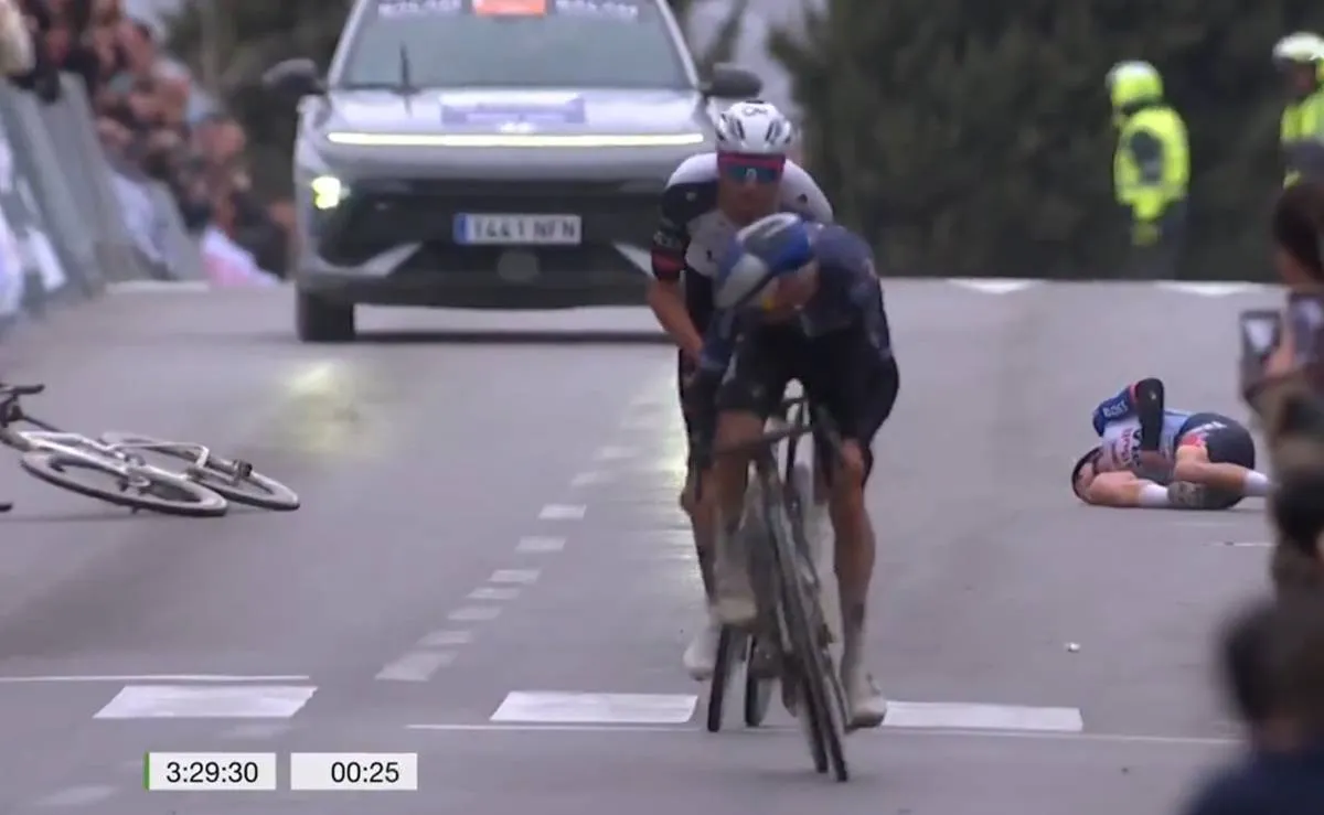 Maxim van Gils on the floor after crashing at the Clasica Jaen Paraiso Interior
