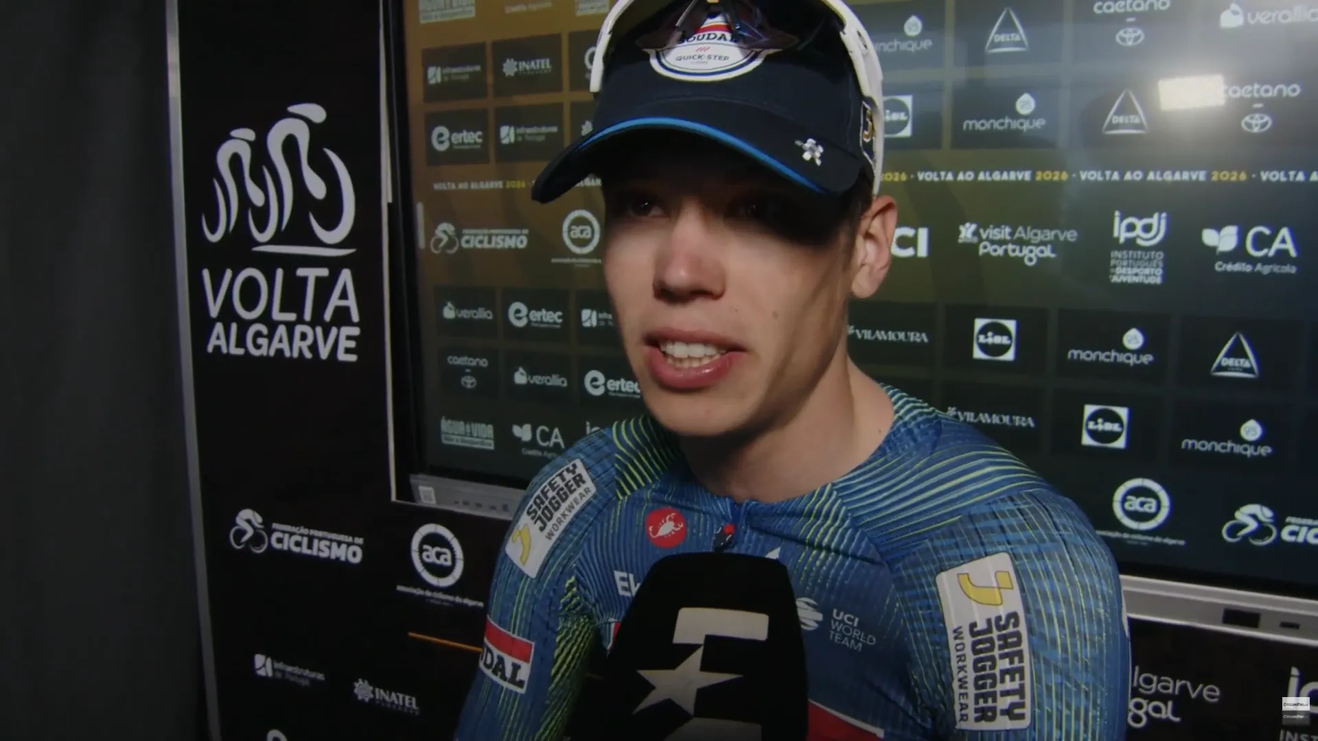 Paul Magnier speaks to the media after winning stage 4 of the 2026 Volta ao Algarve