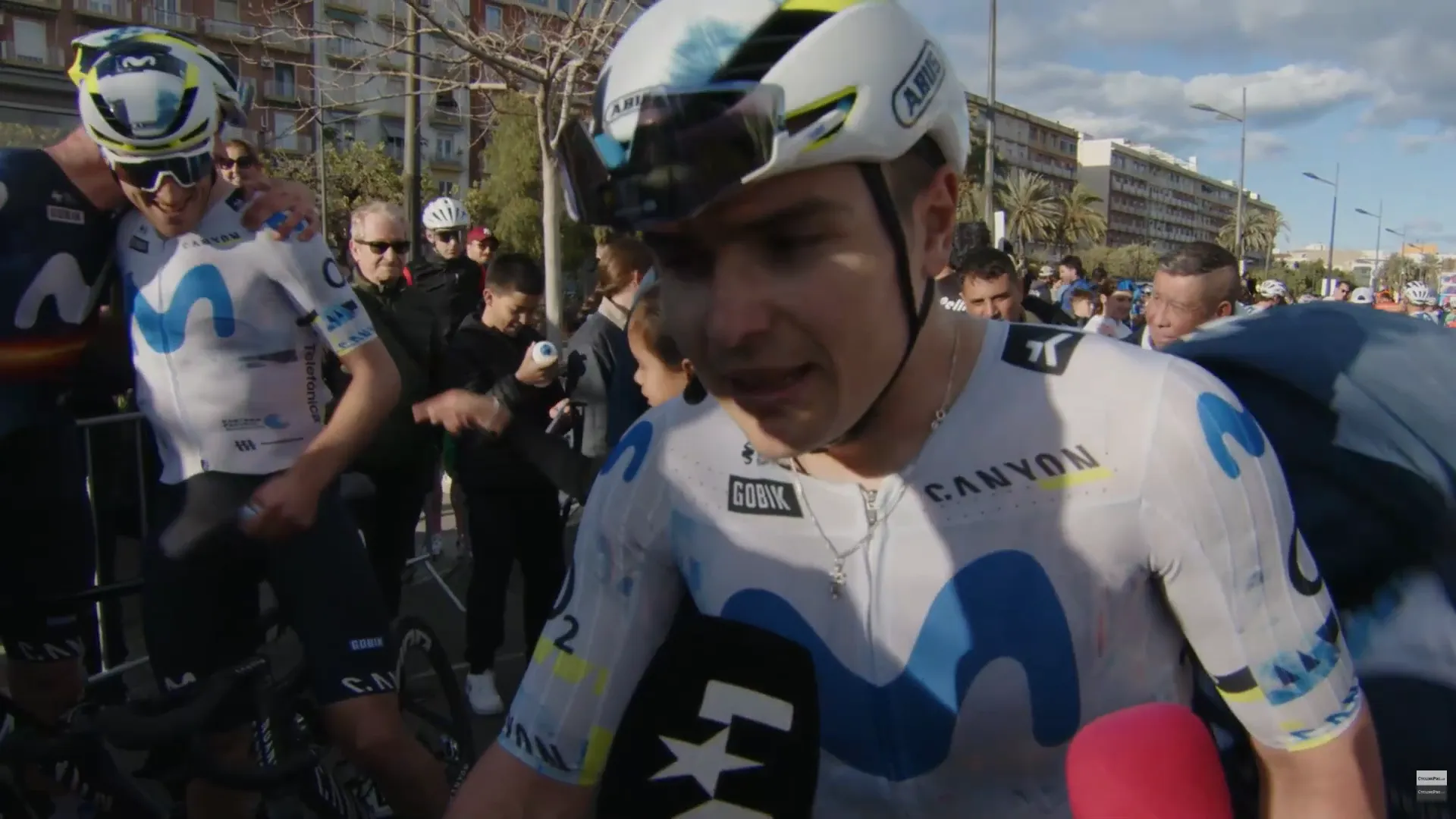 Raul Garcia Pierna speaks to the media after winning stage 5 of the 2026 Volta a Comunitat Valenciana