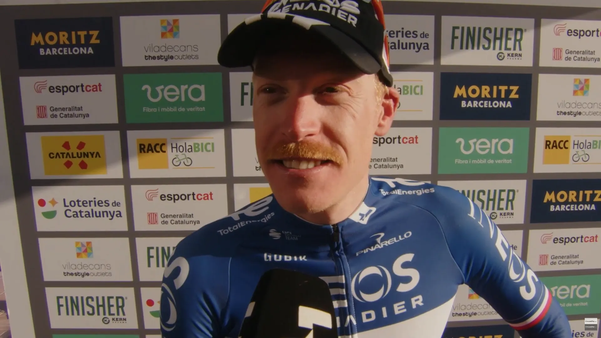 Dorian Godon speaks to the media after winning stage 1 of the 2026 Volta a Catalunya