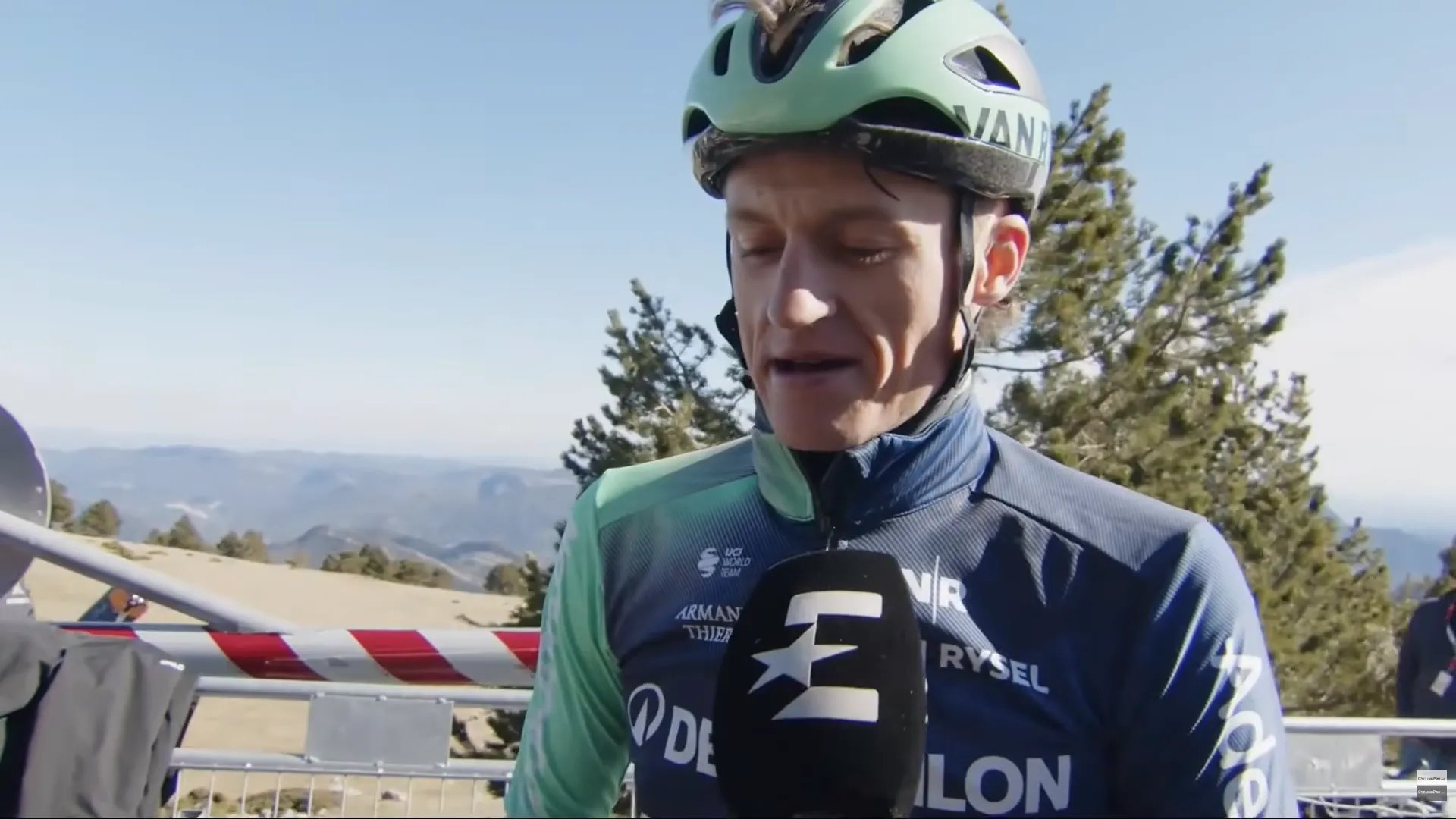 Felix Gall speaks to the media during the 2026 Volta a Catalunya