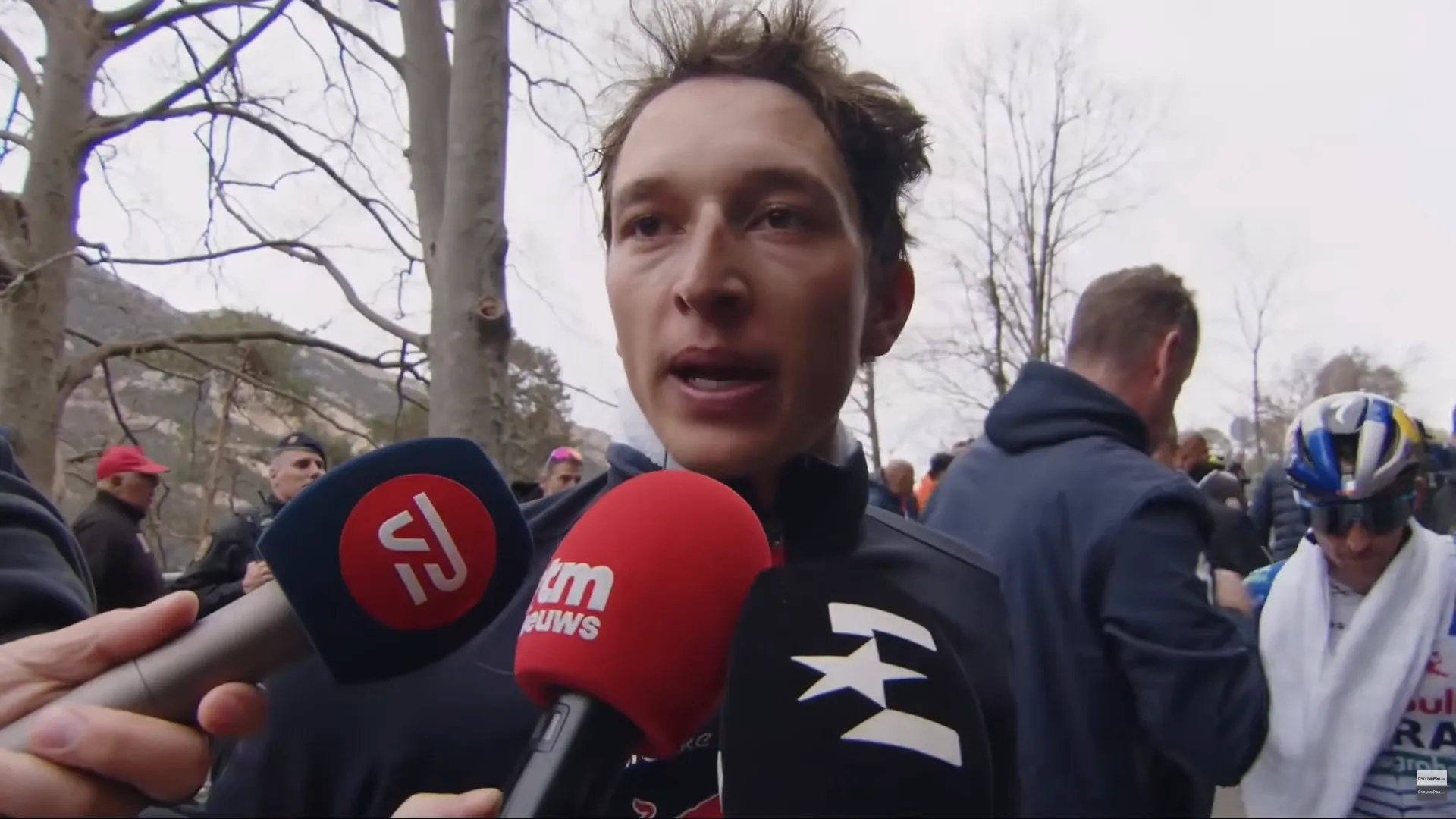Florian Lipowitz speaks to the media at the 2026 Volta a Catalunya