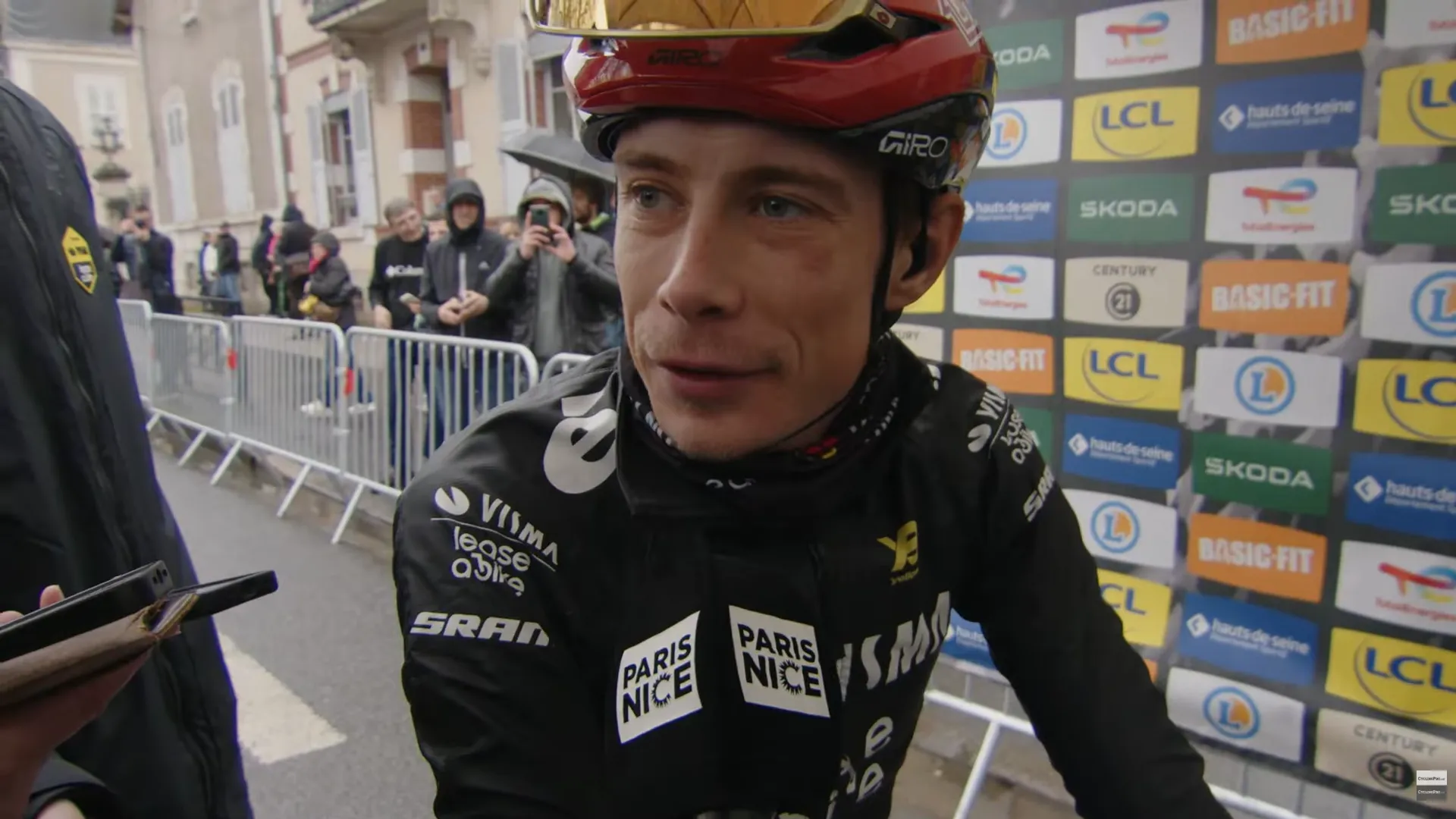 Jonas Vingegaard speaks to the media during Paris-Nice 2026