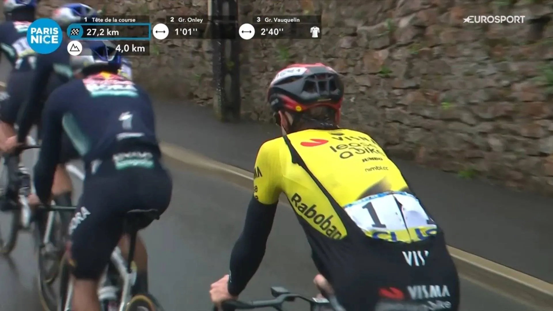 Jonas Vingegaard wearing long bibs over his Visma jersey during stage 4 of the 2026 Paris-Nice