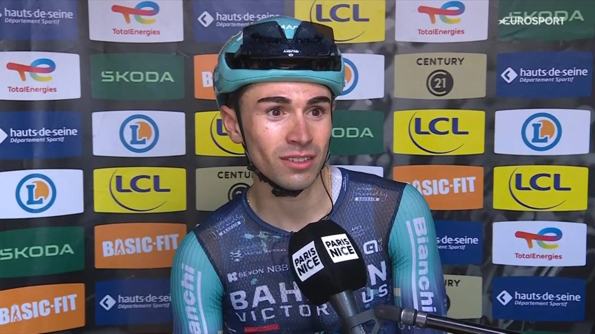 Lenny Martinez speaks to the media after winning stage 8 of the 2026 Paris-Nice