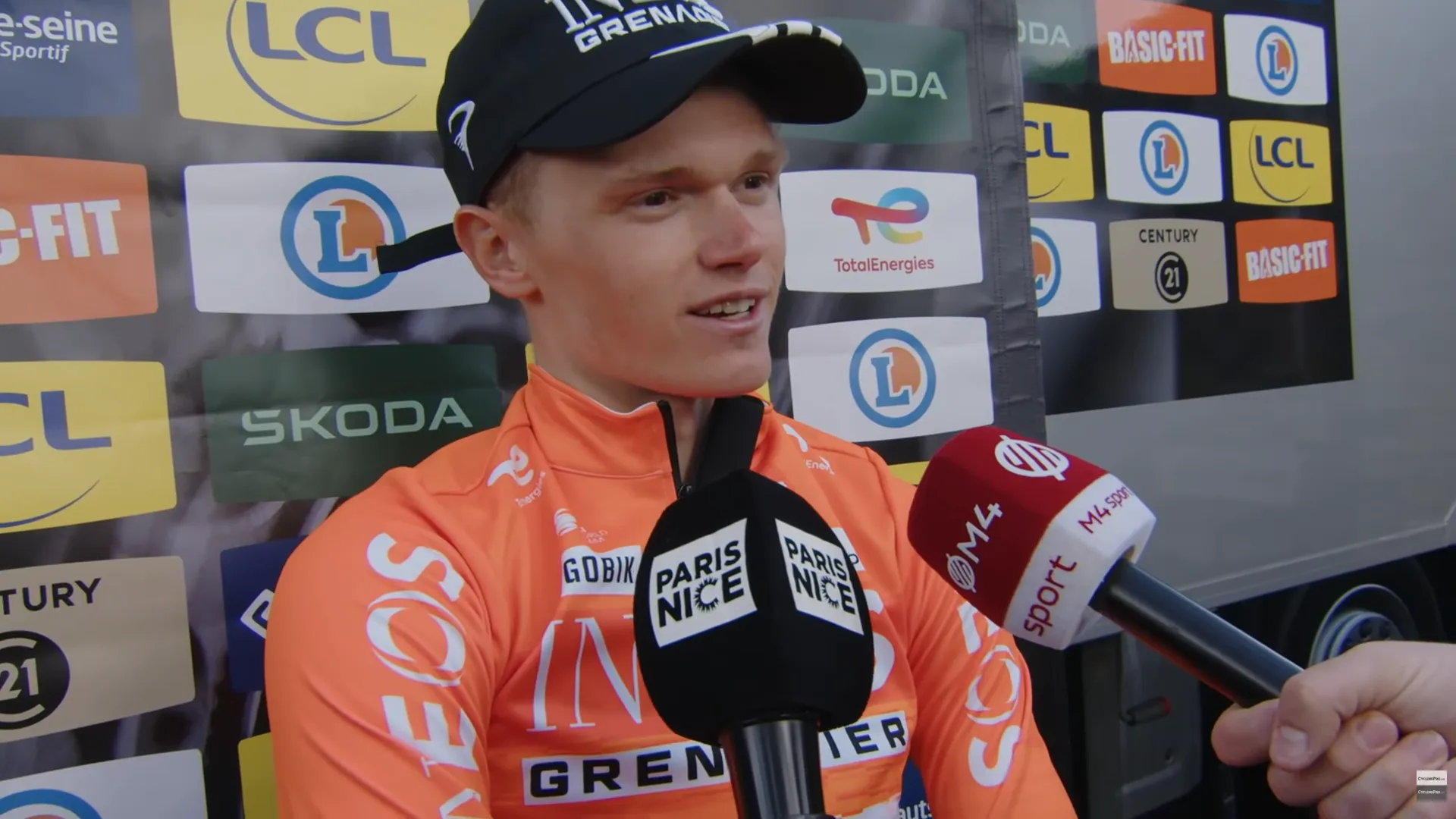 Oscar Onley speaks to the media during Paris-Nice 2026