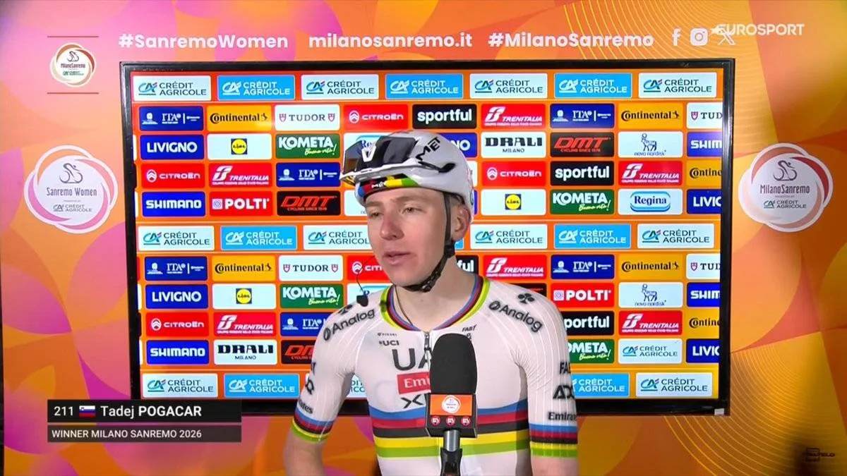 Tadej Pogacar speaks to the media after winning Milano-Sanremo 2026