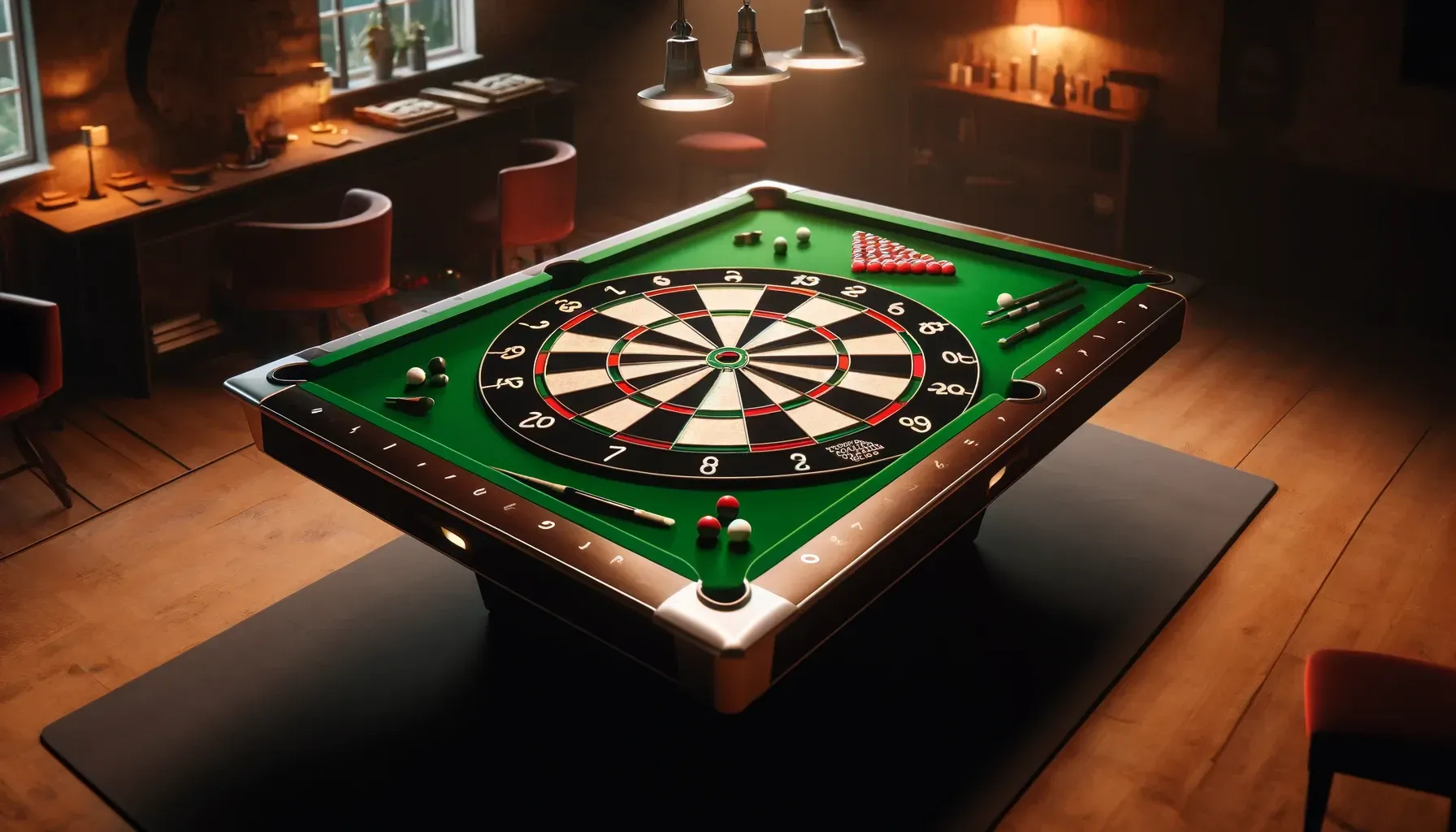 dalle 2024 05 08 112935 a creative depiction of a pool table combined with a dartboard the pool table has a green felt surface with pockets at the corners and sides but the