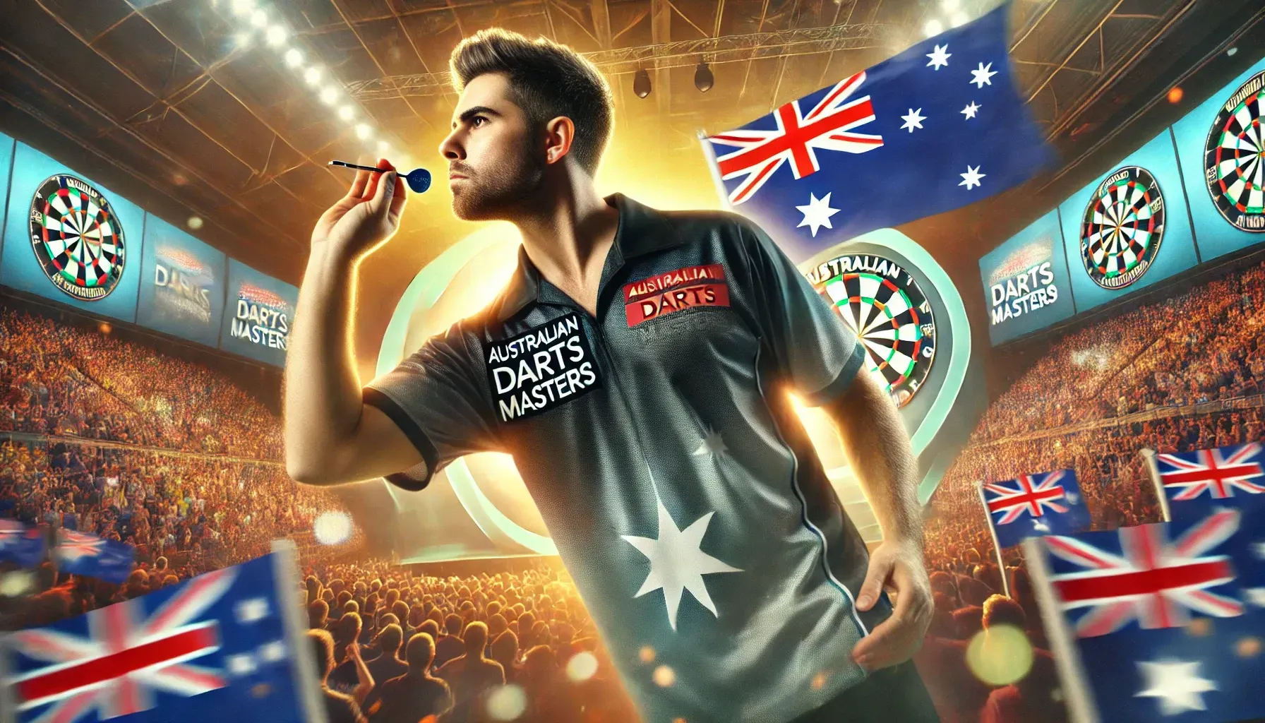 dalle 2024 08 07 140056 a dynamic image of a darts player at the australian darts masters the player is in mid throw focused and determined wearing a stylish darts shirt w