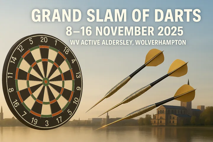 Plakat des Grand Slam of Darts mit Dartscheibe, Pfeilen und Veranstaltungsdetails für den 8.–16. November 2025 in Wolverhampton.