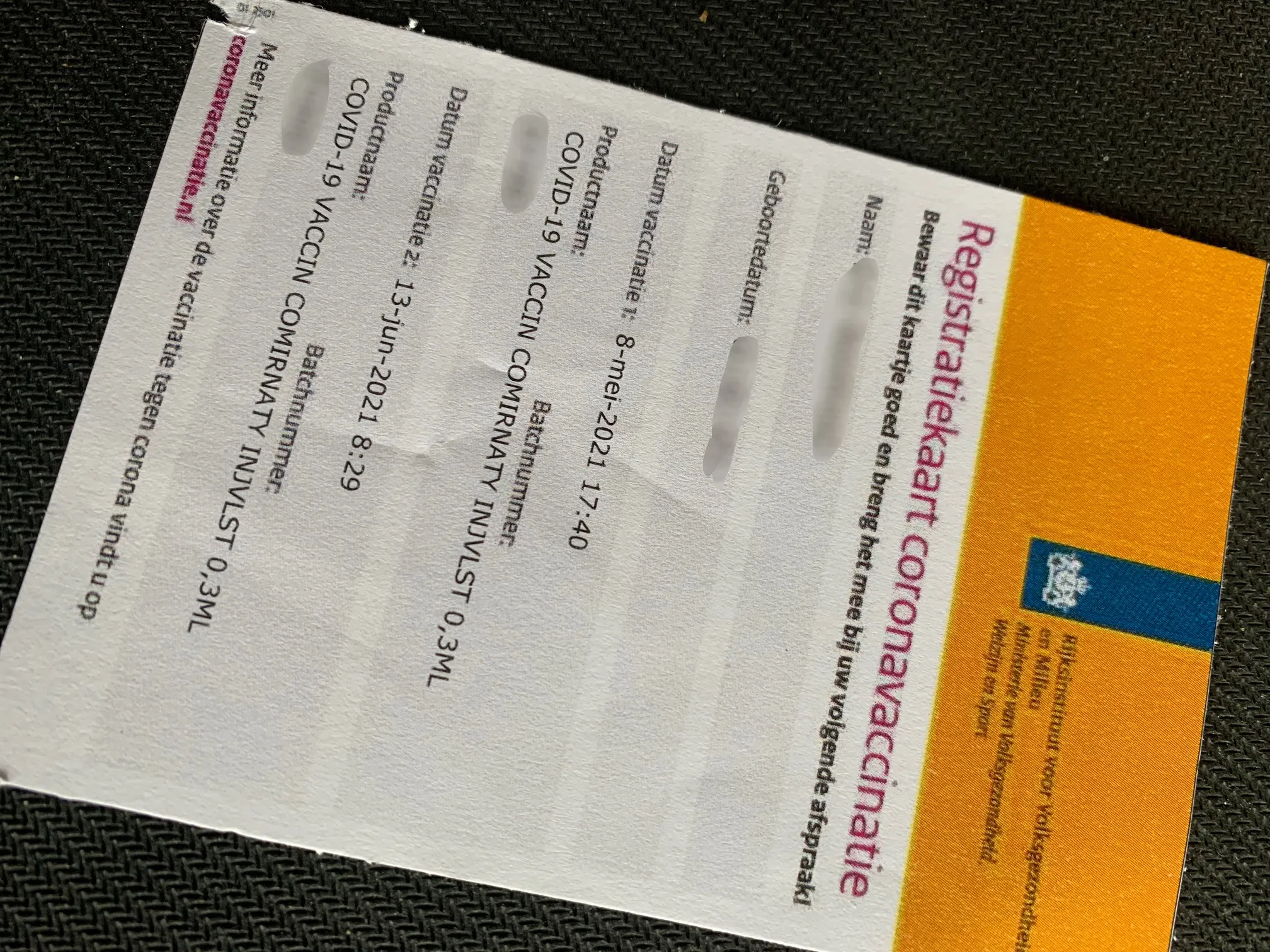 registratiekaart coronavaccinatie 1