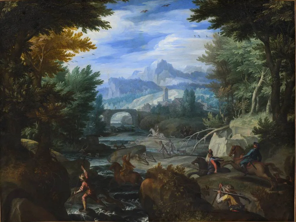 10 jan soens panoramisch landschap met hertenjacht 1590 1