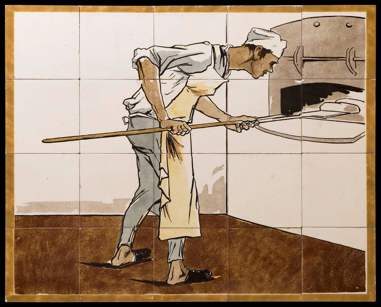 tegeltableau voorstellende een bakker die het brood in de oven schiet gemaakt in delft door plateelbakkerij de porceleyne fles ca 1900 1910 mogelijk naar ontwerp van leon senf