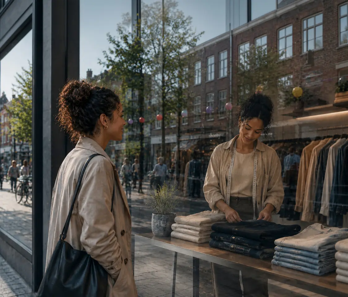 Winkelstraat reflecties en kledingvouwen