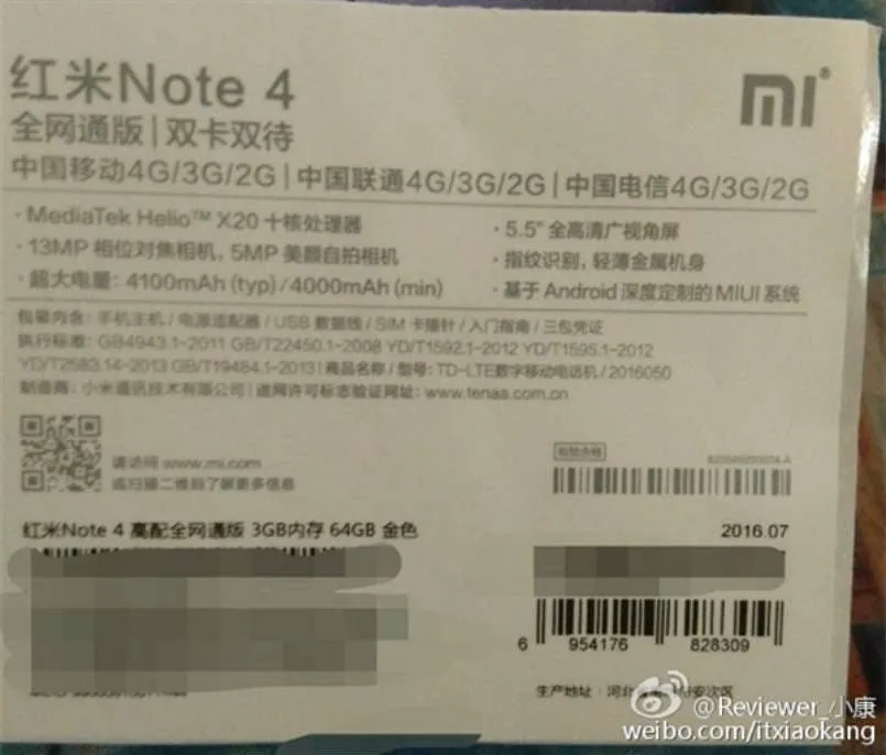 xiaomi redmi note 4 retail box leak