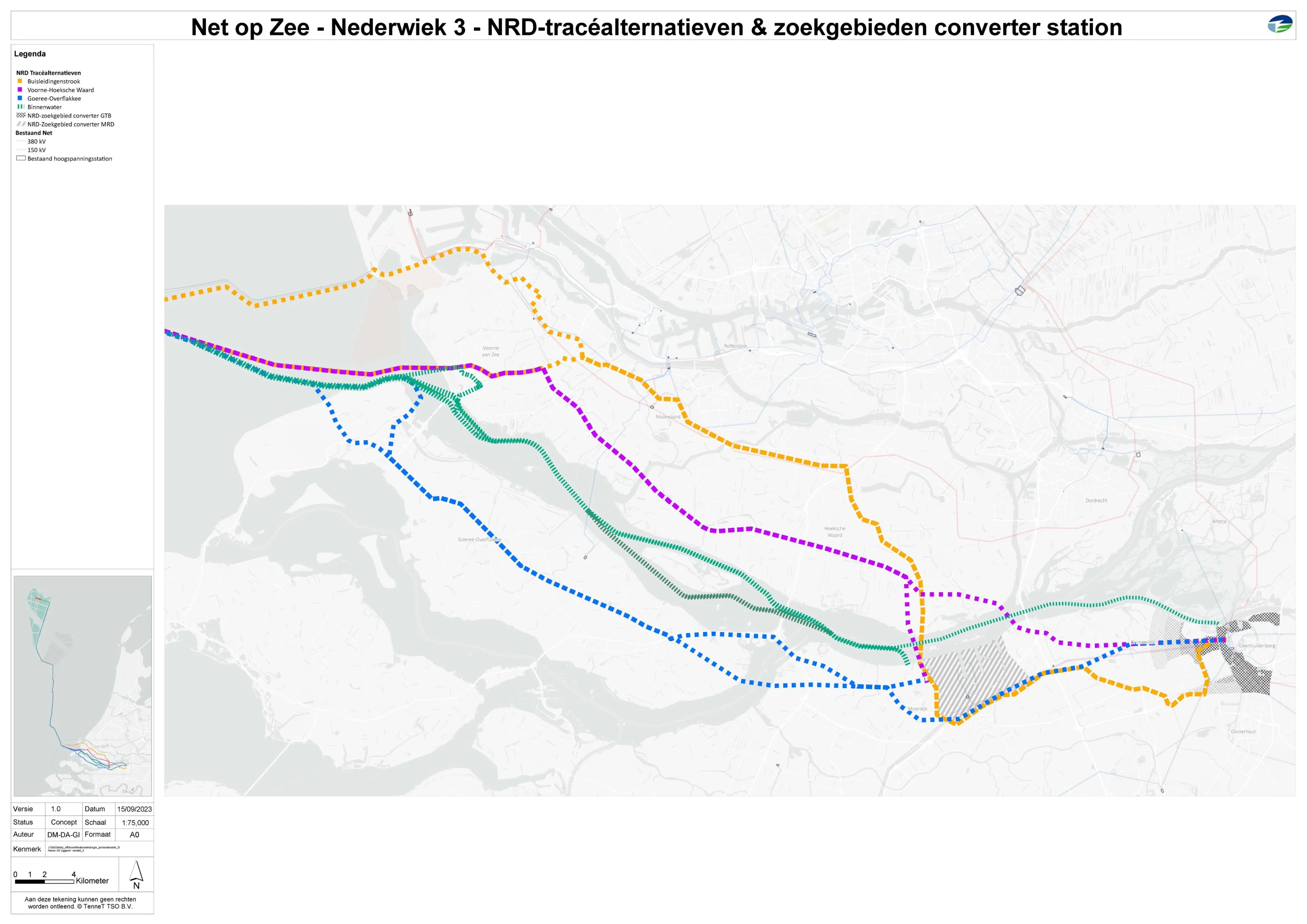 routes stroomkabel vanaf de noordzee
