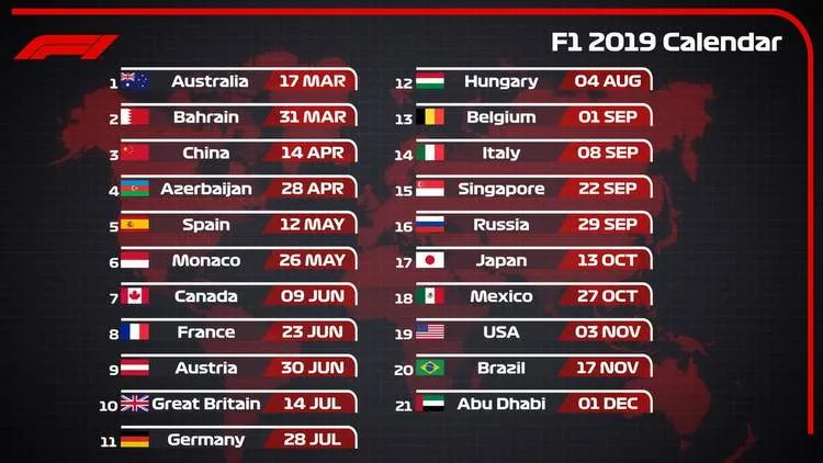 2019 formula 1 world championship calendar