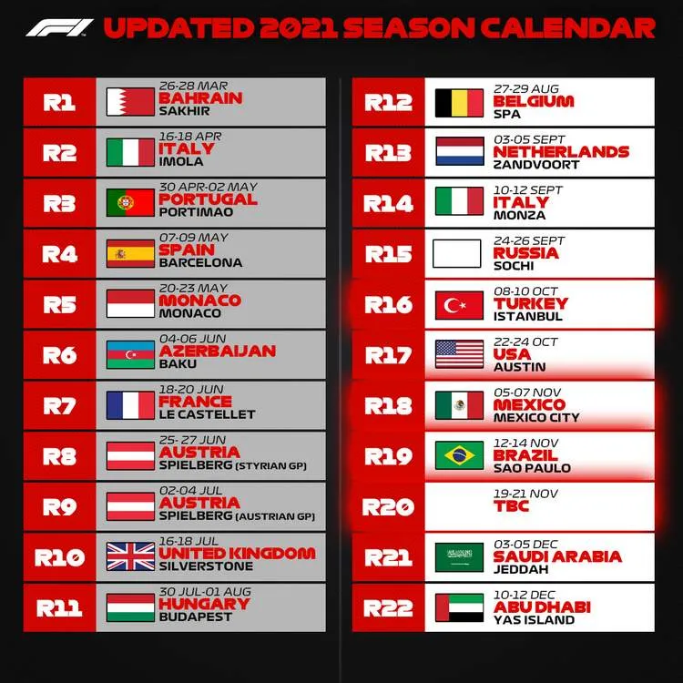 2021 formula 1 calendar revised latest