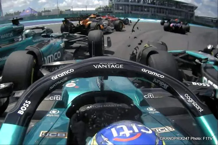 alonso hamilton norris miami sprint race crash