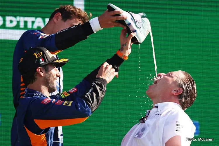 brown norris ricciardo shoey monza podium mclaren win