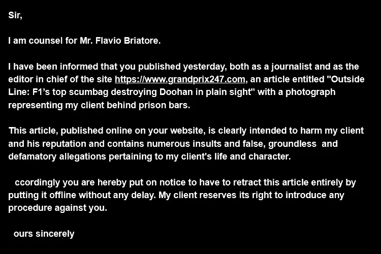 formula 1 briatore letter