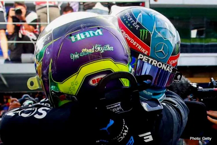 george russell lewis hamilton mercedes embrace planetf1