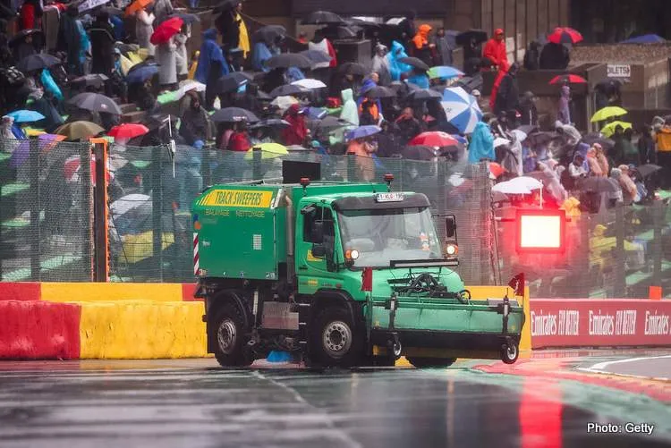 green sweeper truck at spa during the 2021 belgian grand prix