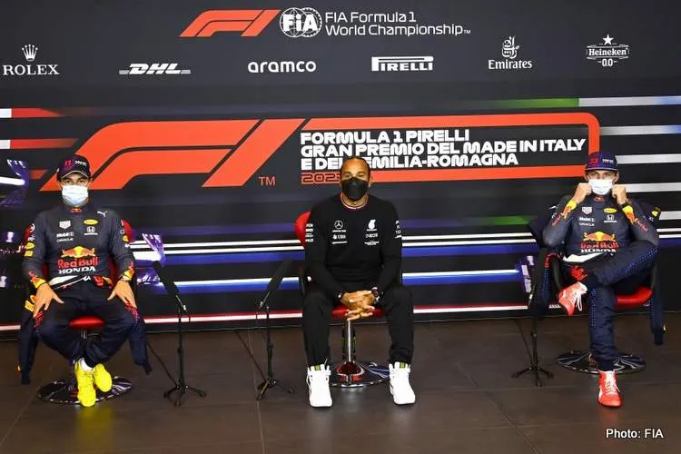 imola top three press conference hamilton verstappen perez