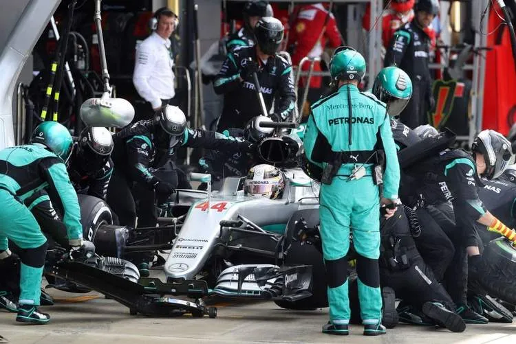 mercedes lewis hamilton in the pits during the race