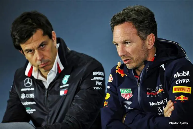 mercedes team principal toto wolff and christian horner f1 media